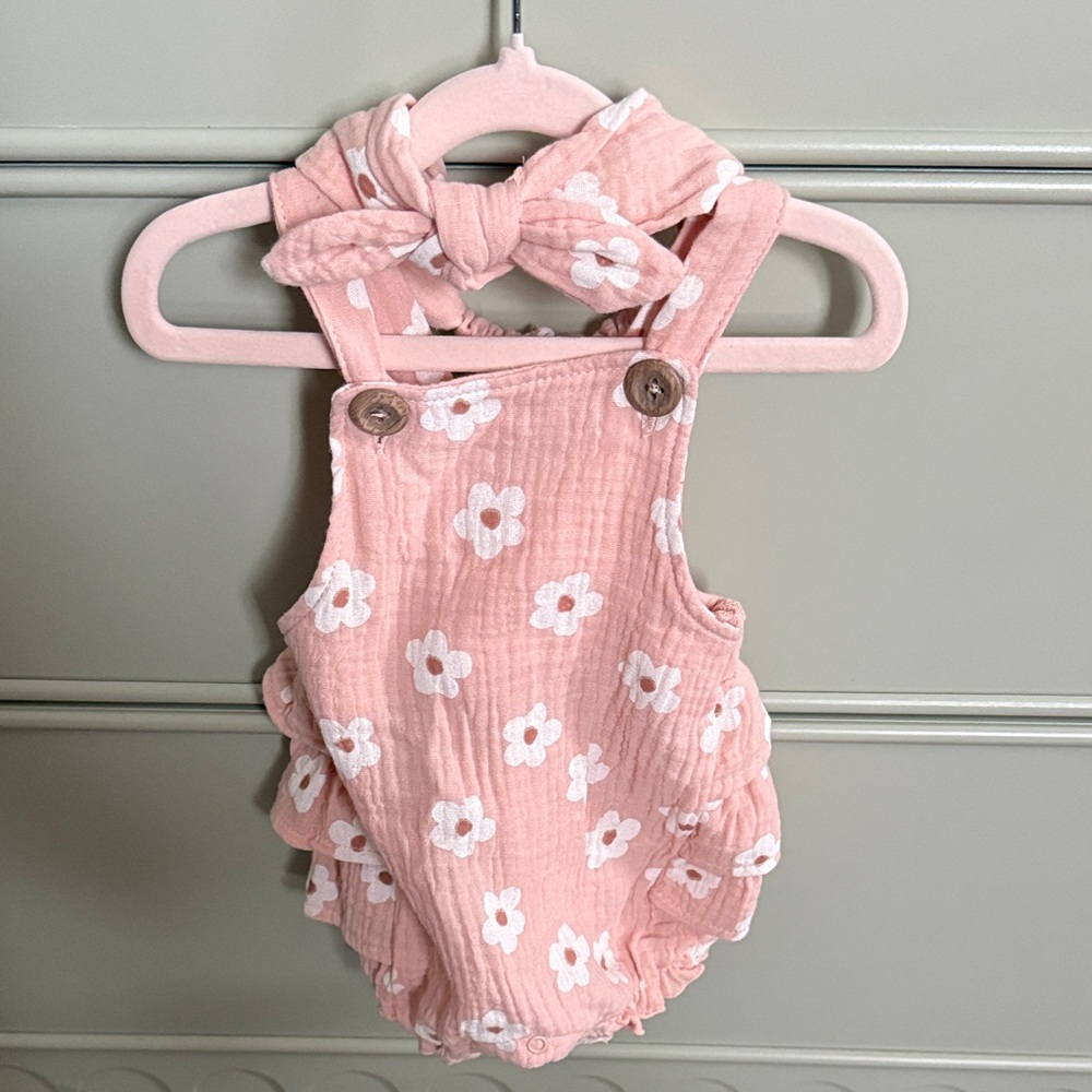 Emily and Oliver Pink Floral baby Romper with Headband